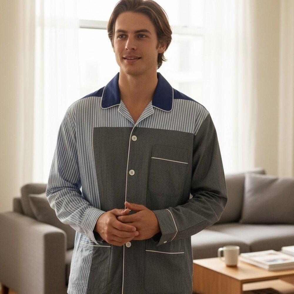 Shaun Samson Colorblock Pajama Style Shirt Blue Gray Cotton Button Front M